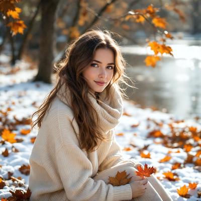 The primary subject of the image is a woman sitting in a field with a tree in the background. She is wearing a white sweater and a scarf, and she is smiling. The setting is a natural environment with leaves scattered around, and the visual style is a photo. The colors in the image are predominantly warm and earthy tones, creating a cozy and inviting atmosphere.